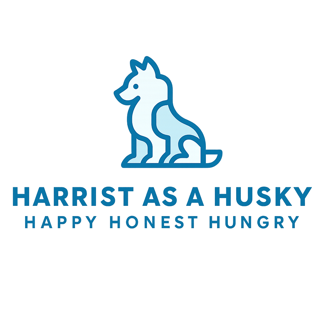 A logo of a husky with author's name and slogen